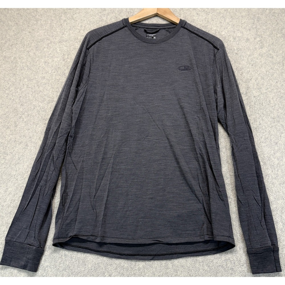 Icebreaker Merino Mens Long Sleeve T-Shirt Heather Black Cool-Lite Crew Neck M